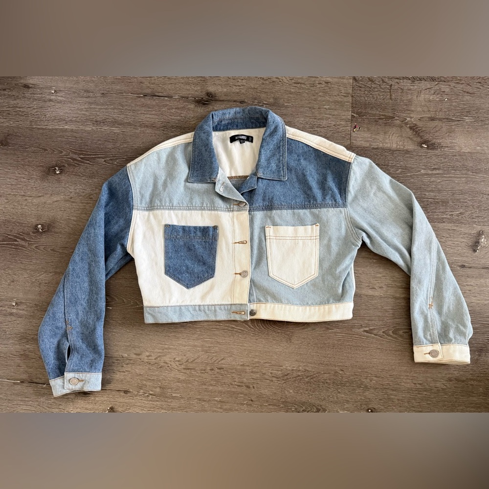 Missguided Denim Patchwork Cropped Jacket | Size 6 - image 2